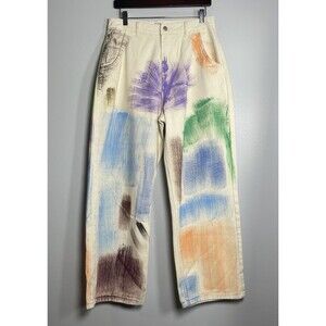 AELFRIC EDEN Colorful Graffiti Wide Leg Jeans Size 30 Cream Baggy Streetwear